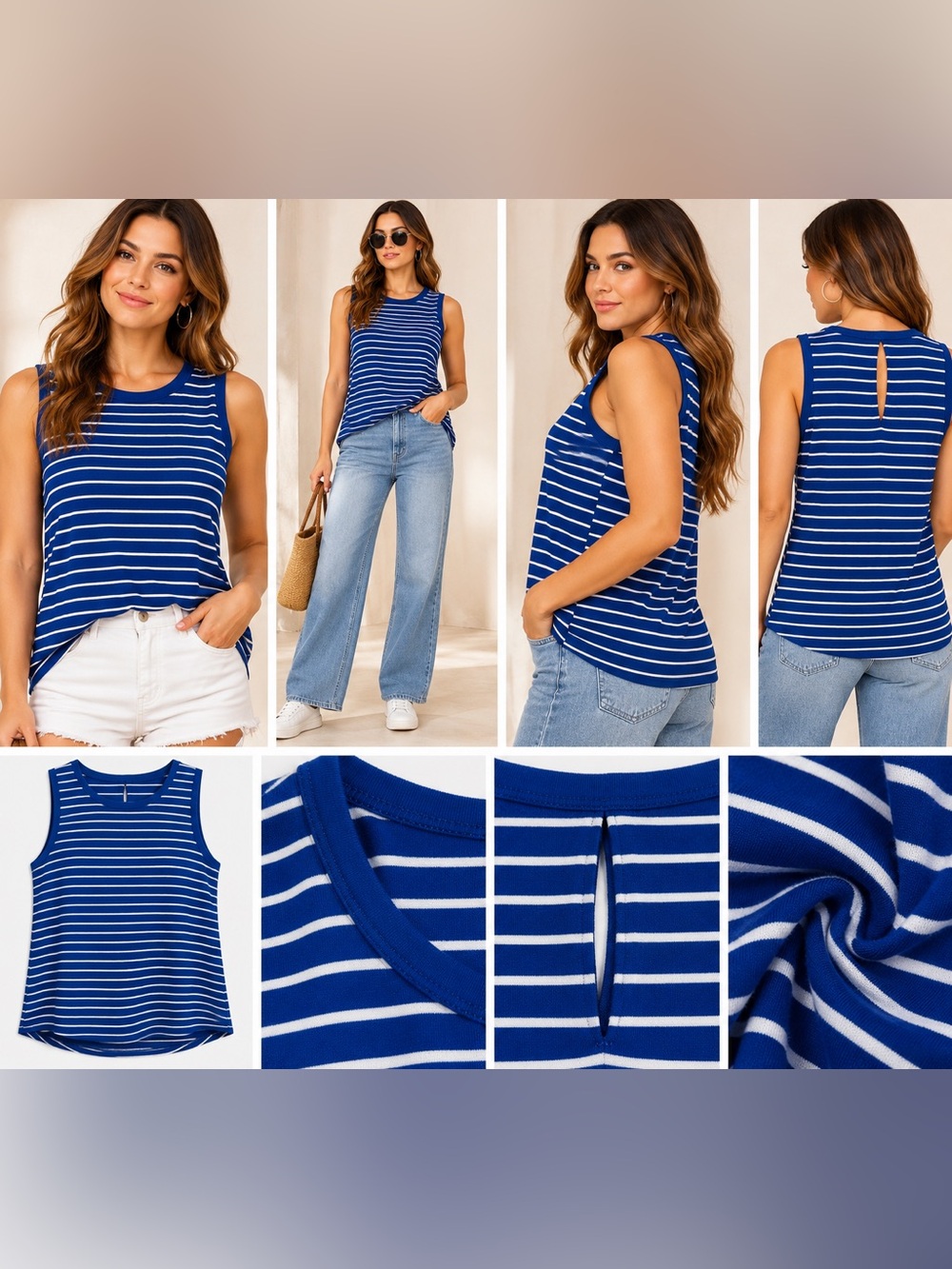 Halogen Blue White Striped Sleeveless Keyhole Back Tank Top XL NWT